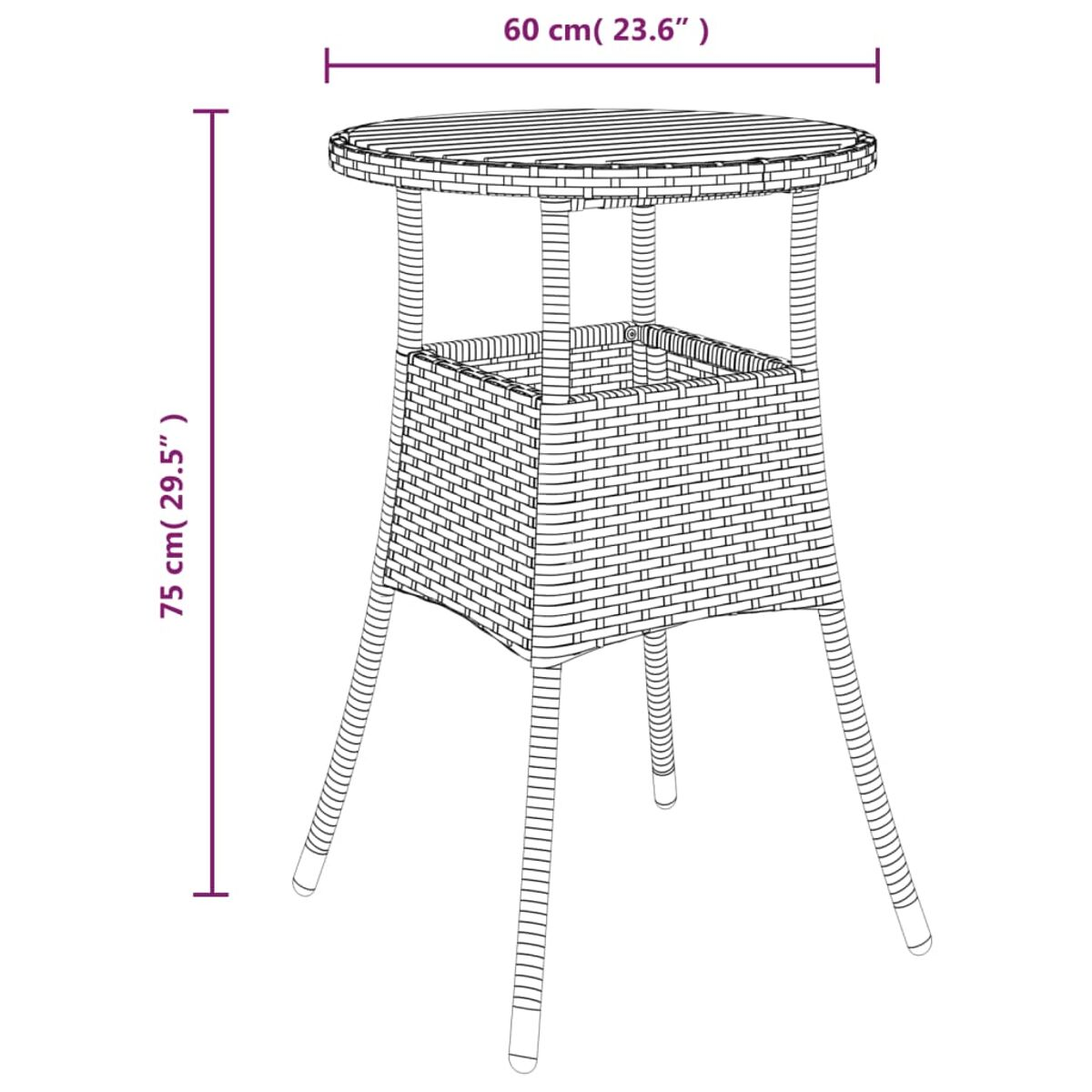 Brauner Korbtisch mit rundem Oberteil und quadratischem Stauraum.
