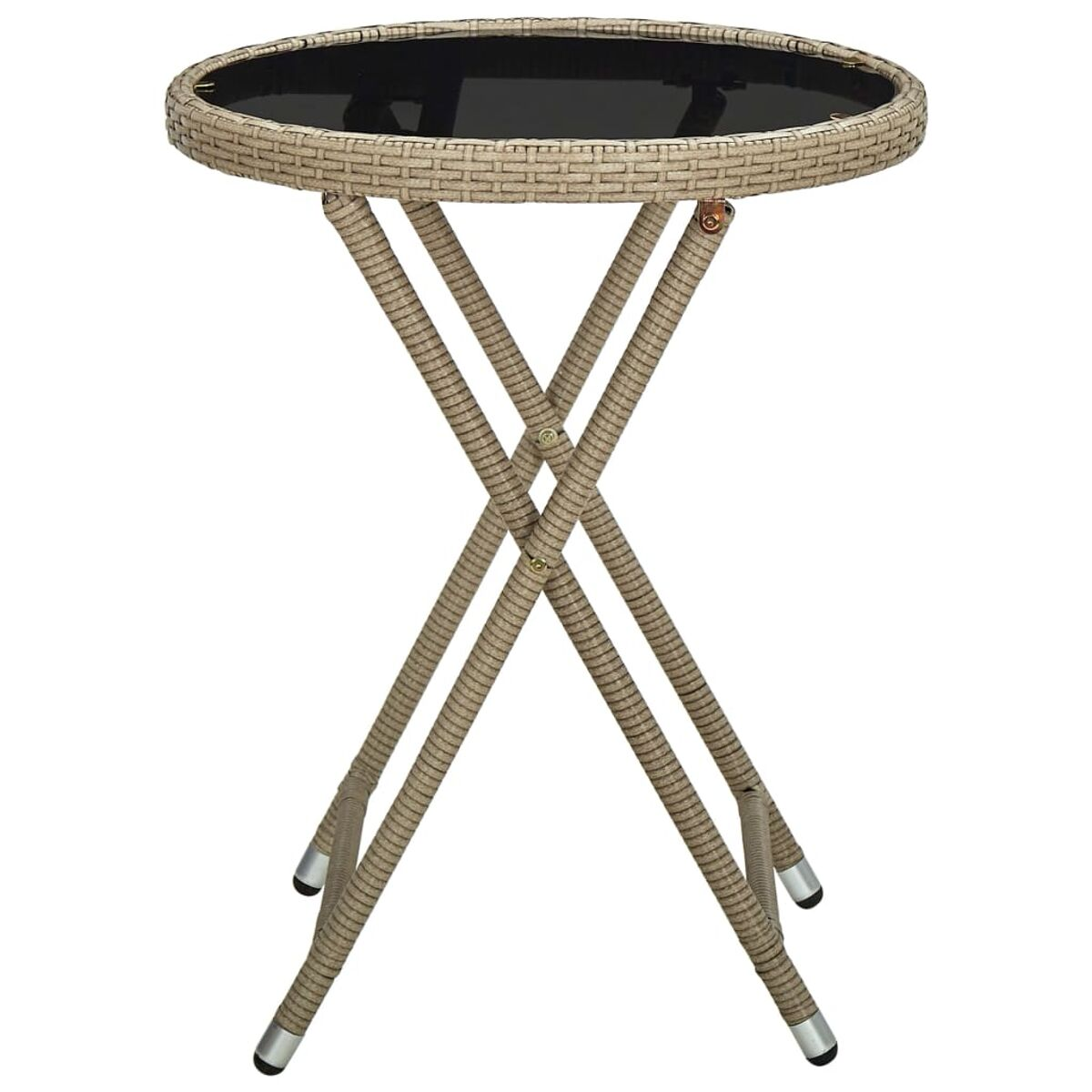 Runder Klapptisch, Rattan-Stil, mit schwarzer Glasplatte. Weißer Hintergrund.