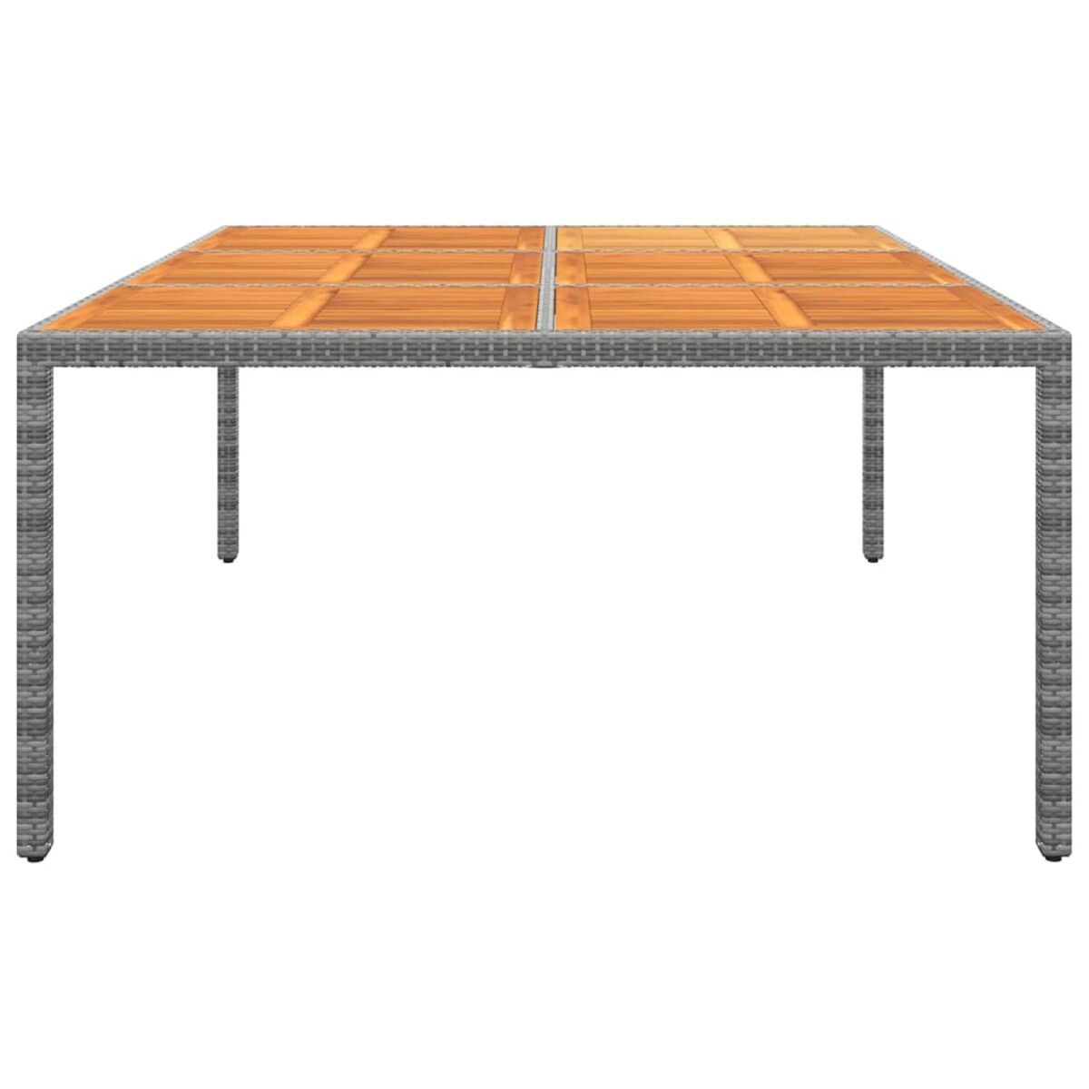 Quadratischer Gartentisch, Holzplatte, grauer Korbrahmen. Schlichtes Design, auf weißem Hintergrund.