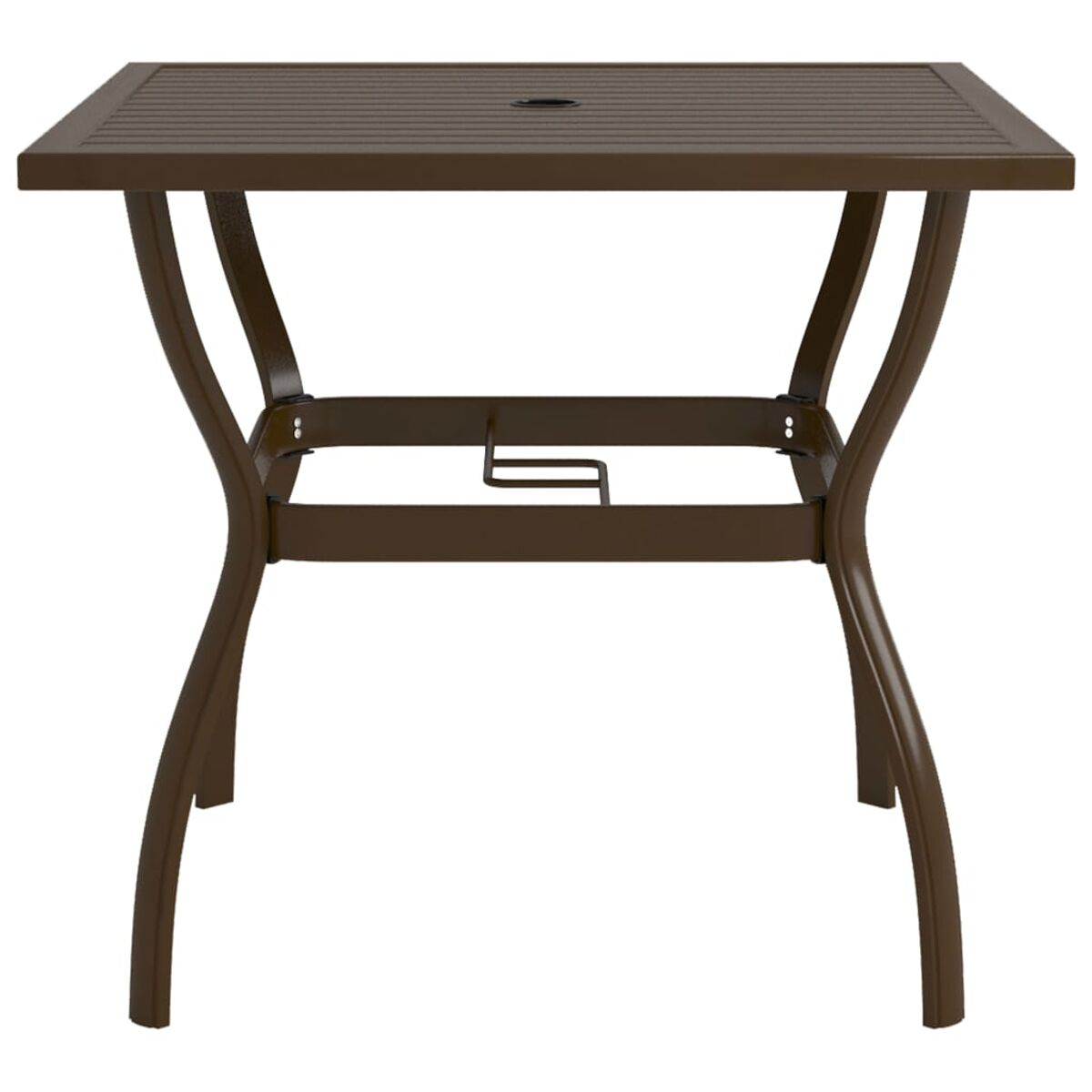 Brauner quadratischer Metalltisch mit geschwungenen Beinen und einer perforierten Oberfläche, geeignet für draußen.