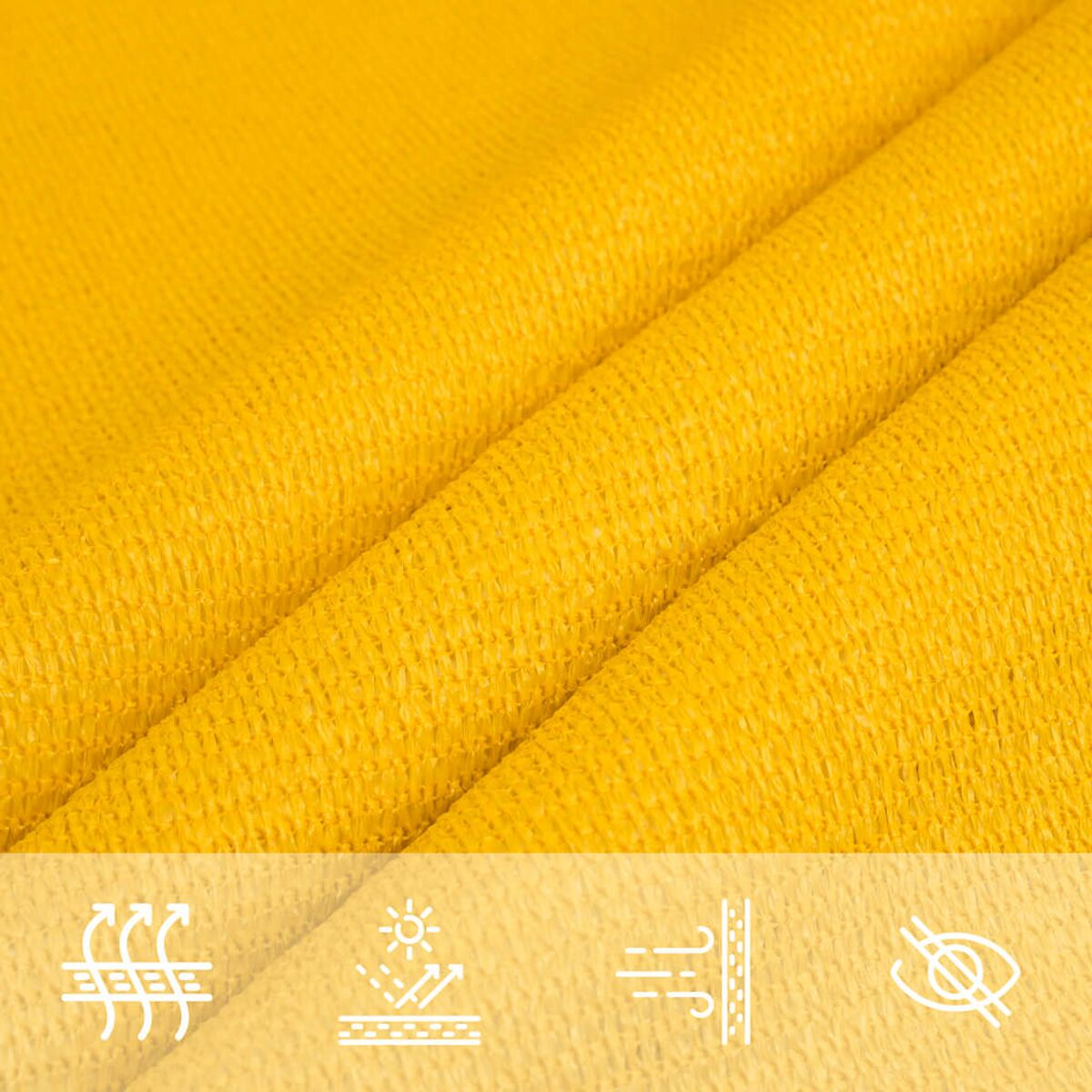 Tessuto giallo con pieghe e icone per vento, sole e aria.
