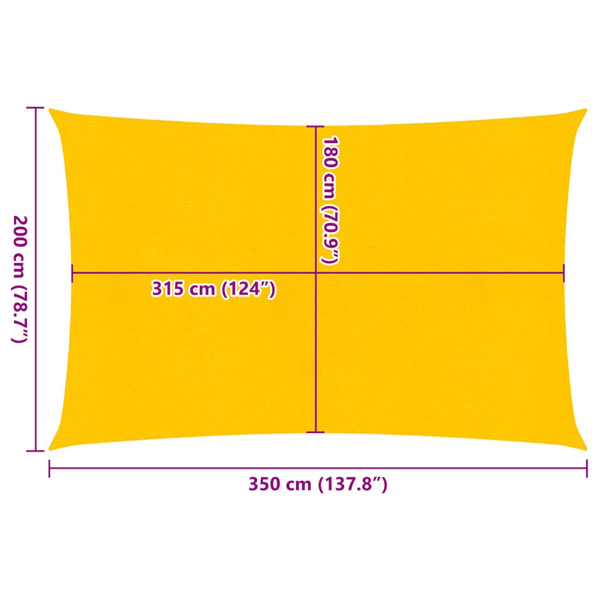 Un parasole rettangolare giallo con dimensioni etichettate, su sfondo bianco.