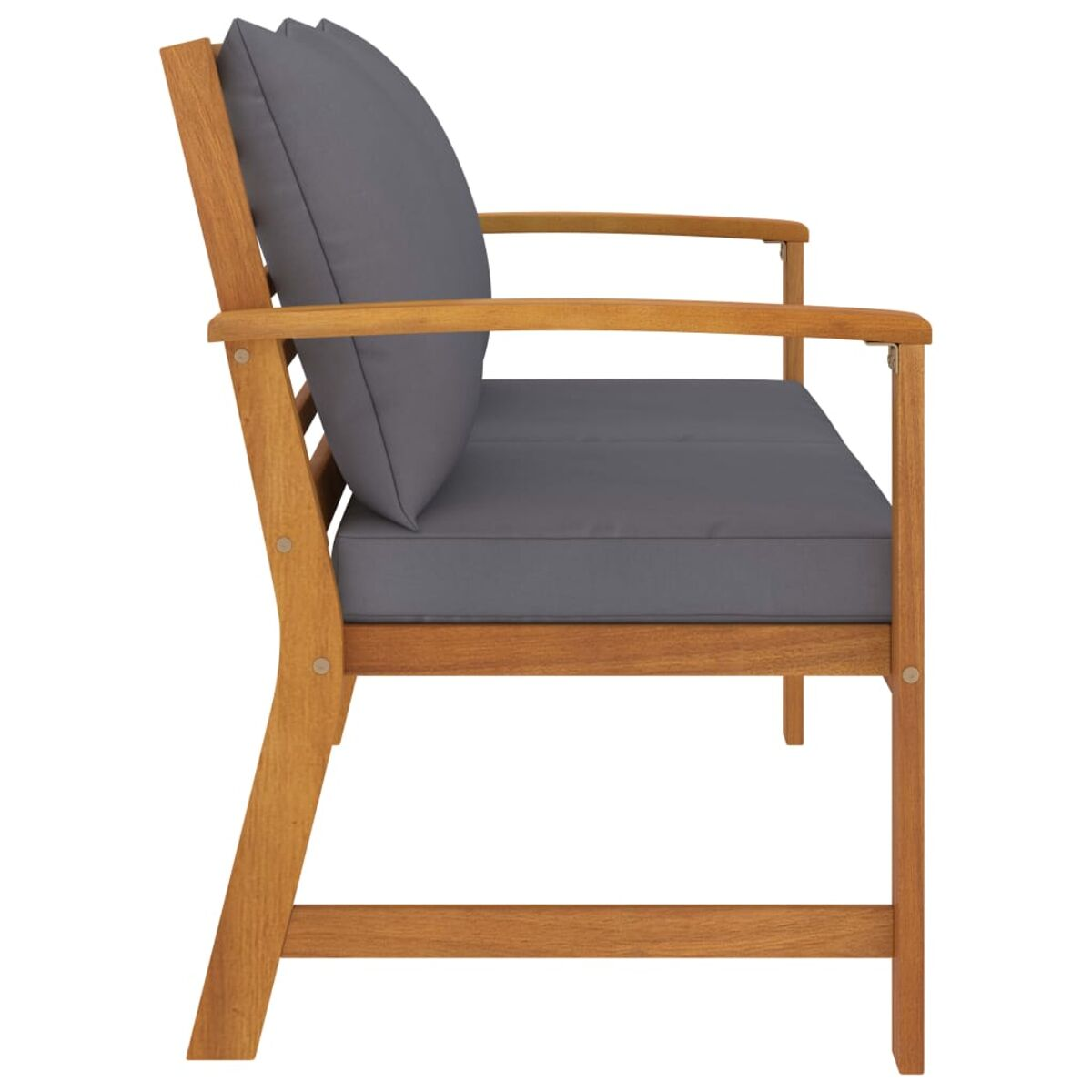 Holz-Outdoor-Sofa mit grauen Kissen, Seitenansicht.