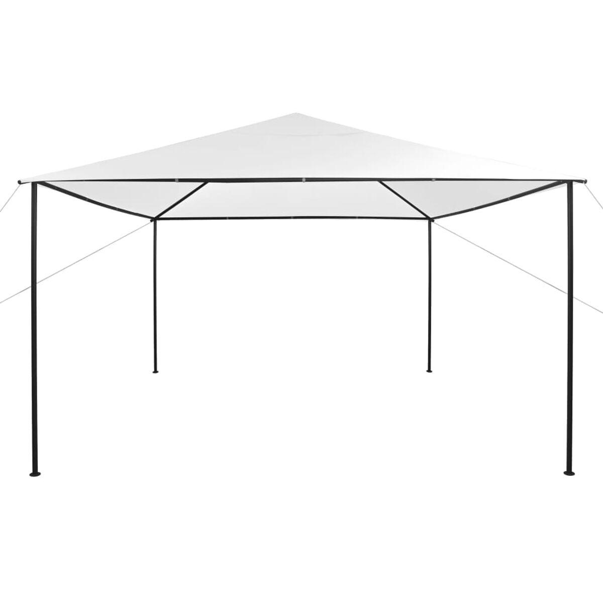 Weißer Pavillon mit schwarzem Rahmen. Er hat ein dreieckiges Dach.