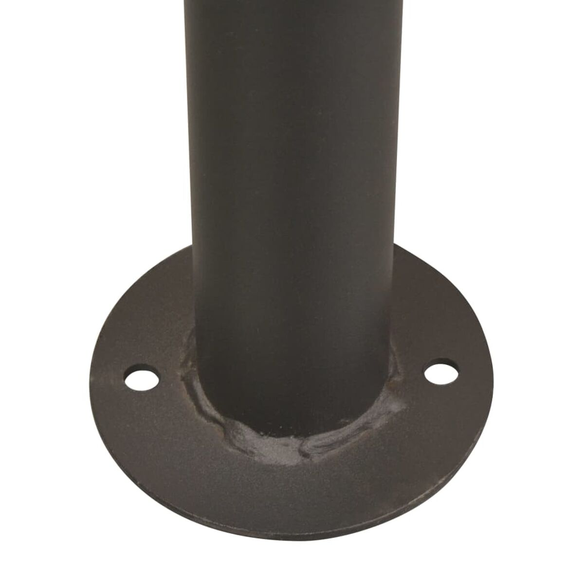 Schwarze Metallstange mit kreisförmiger Basis. Zwei Löcher für Schrauben. Weißer Hintergrund.