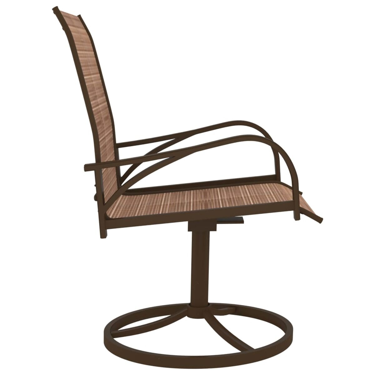 Brauner Drehstuhl mit Netzrücken und Armlehnen, von der Seite betrachtet.