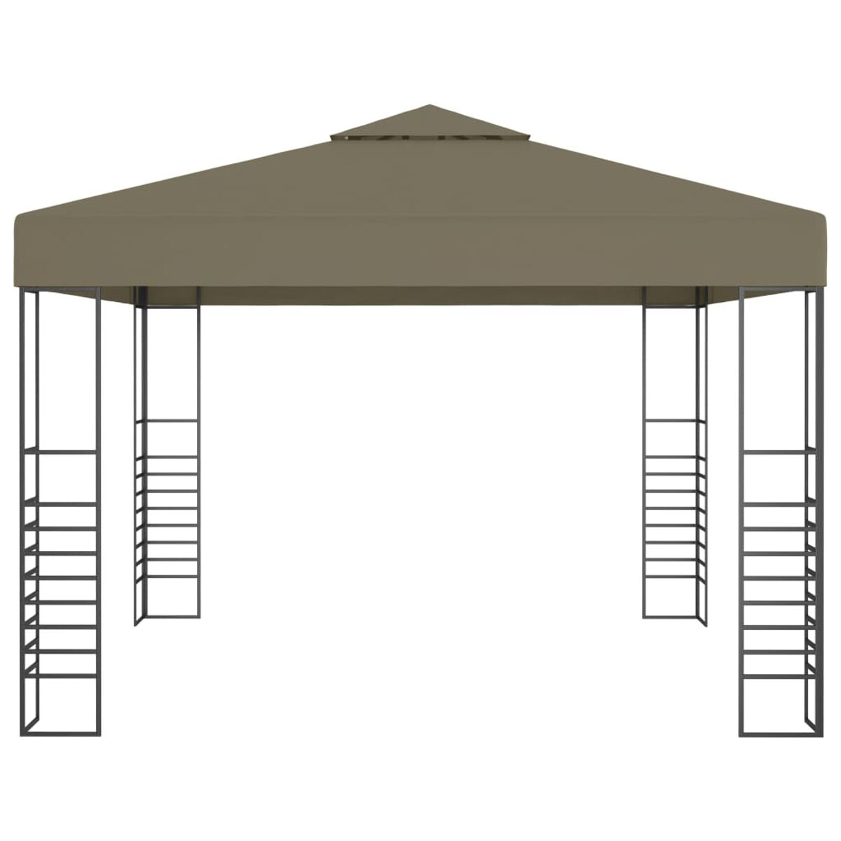 Ein brauner Pavillon mit quadratischem Dach, gestützt von schwarzen Metallrahmen.