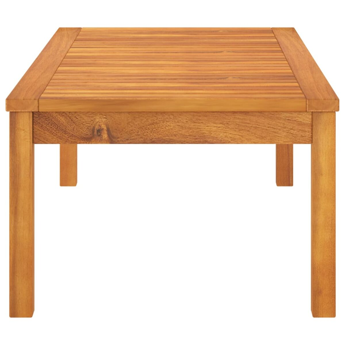 Quadratischer Holztisch, Draufsicht, braune Farbe, mit vier Beinen.