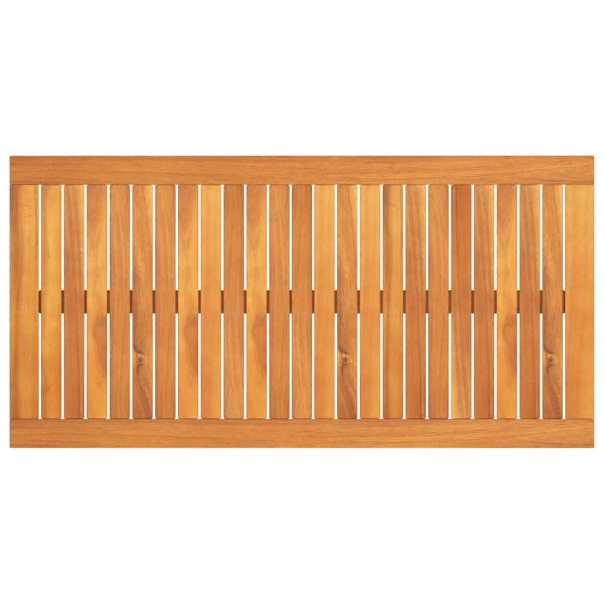 Holztischoberfläche mit vertikalen Lamellen, Draufsicht.