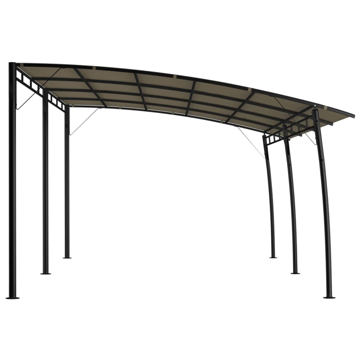 Schwarze Metallpergola mit beigem Baldachin. Gewölbte Struktur mit Stützen.