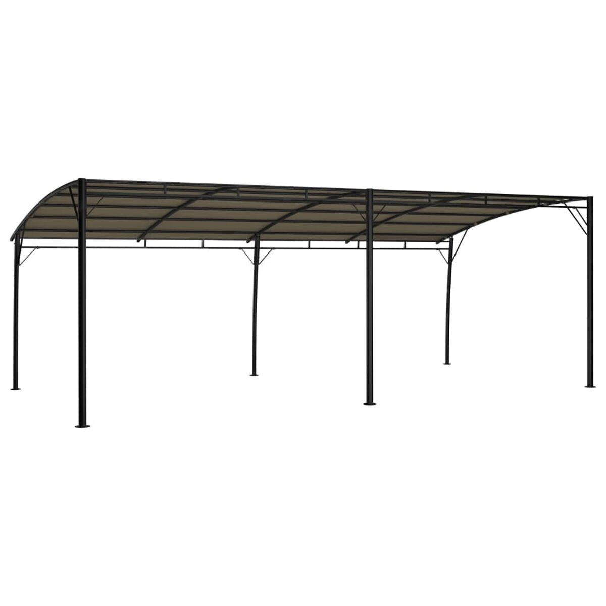 Outdoor-Pavillon mit braunem Vordach und schwarzem Metallrahmen.