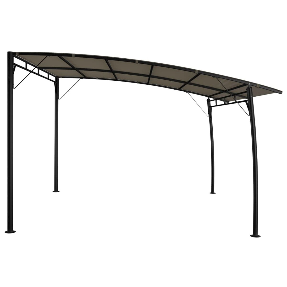 Ein schwarzer Metallpavillon mit einem beigen Stoffdach. Es hat sechs Beine und ein gebogenes Design.