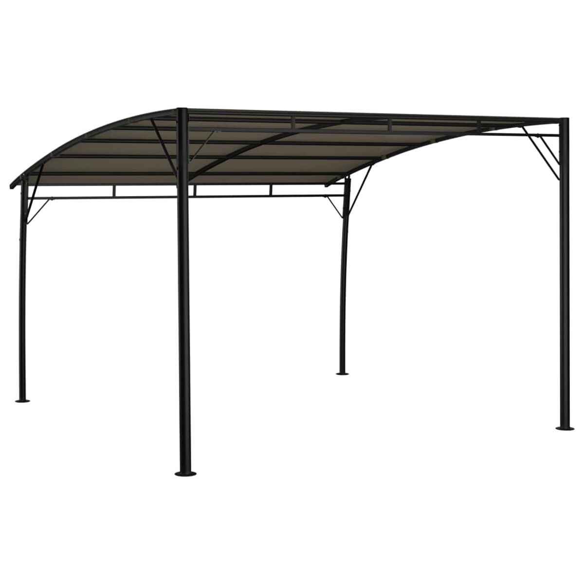 Eine schwarze Pergola mit brauner Oberseite und vier schwarzen Beinen auf weißem Hintergrund.