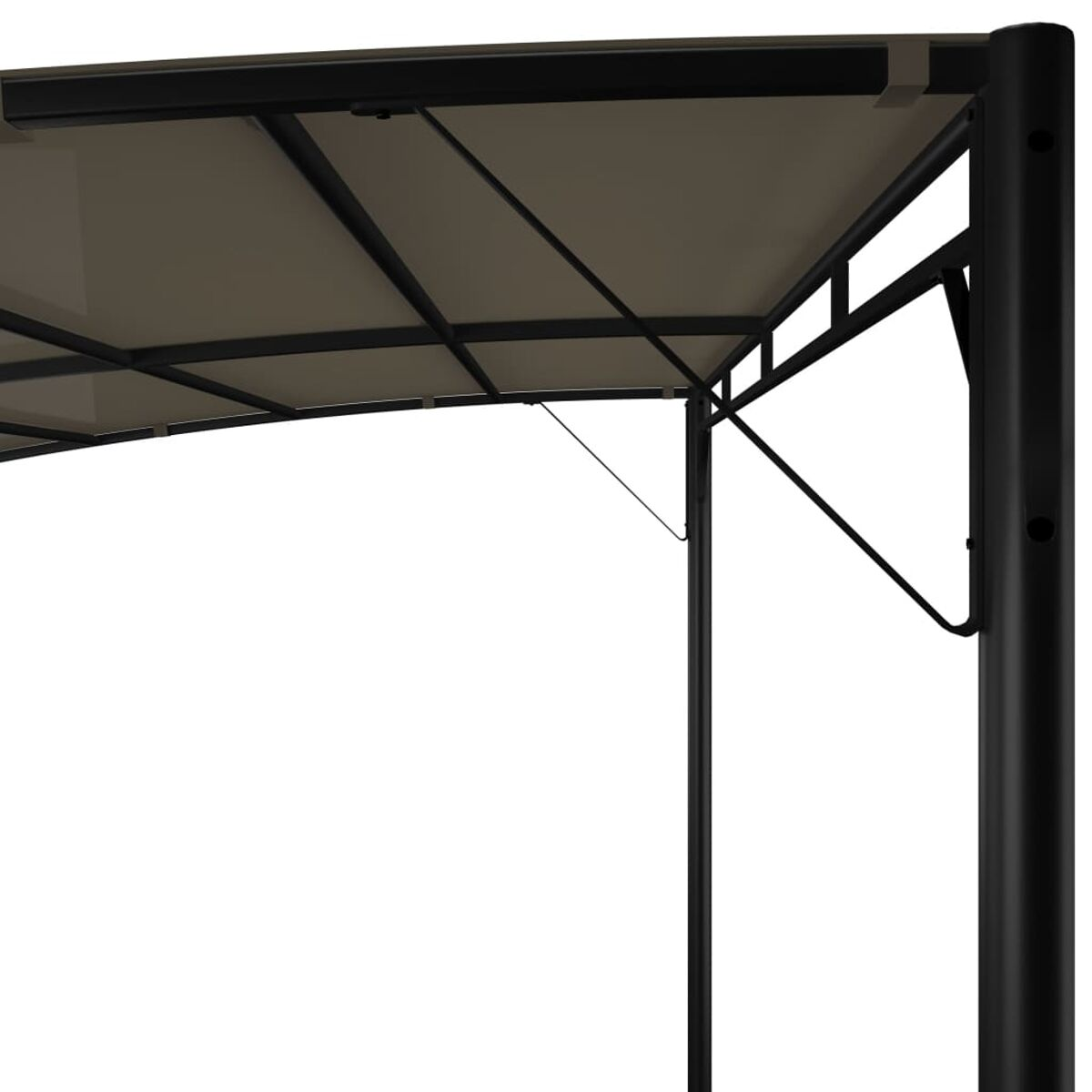 Ein schwarzes Metall-Pavillon-Gestell mit neutralfarbenem Stoffdach auf weißem Hintergrund.