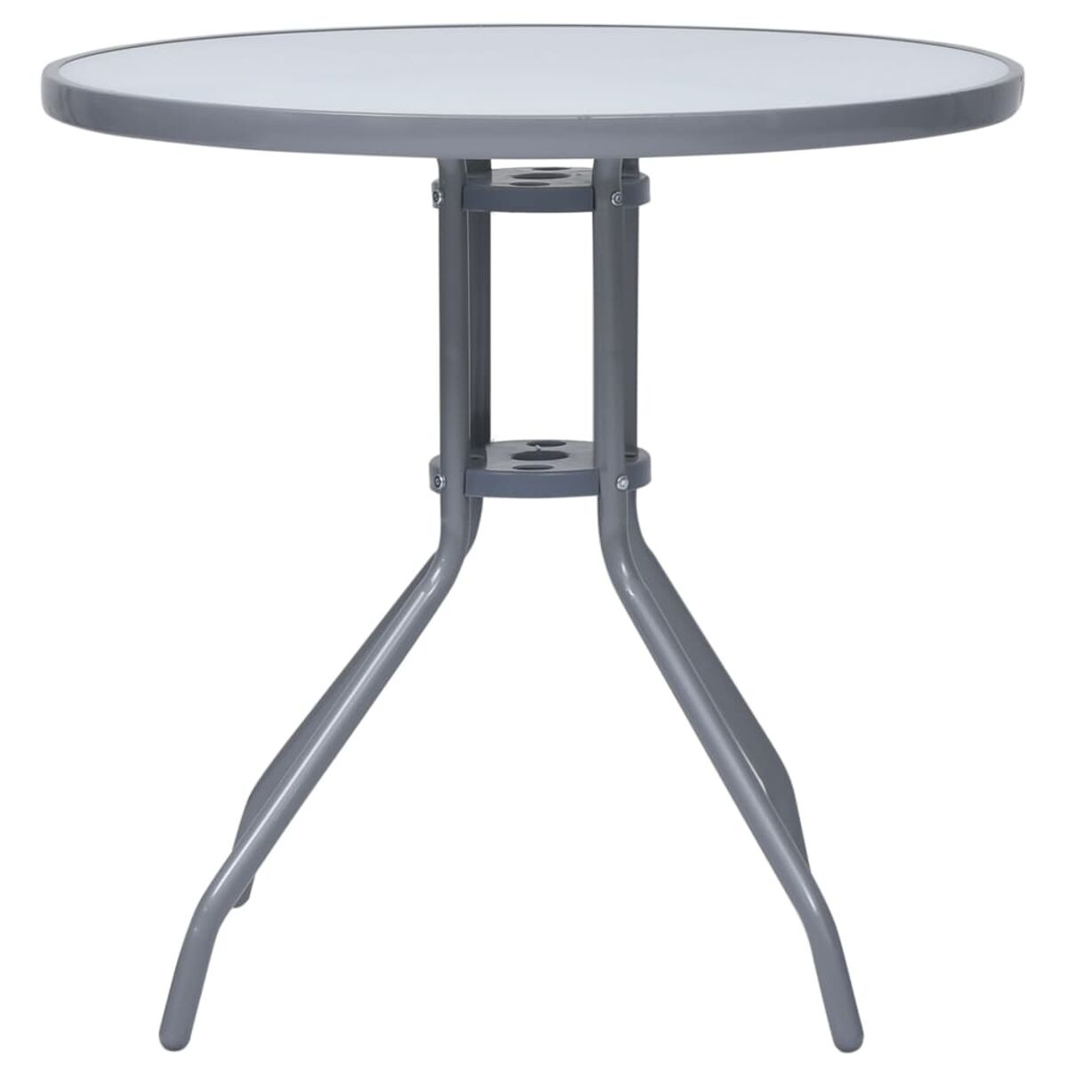 Ein runder Metalltisch mit Glasplatte und drei Beinen.