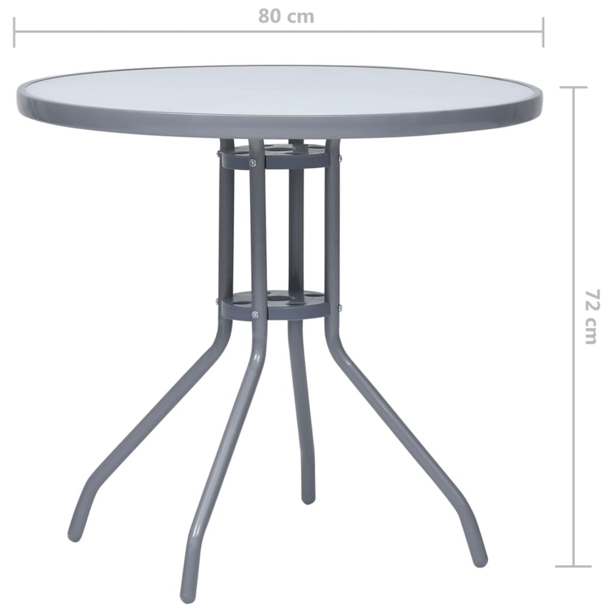 Ein runder grauer Gartentisch mit Glasplatte und drei Beinen. Der Hintergrund ist weiß.
