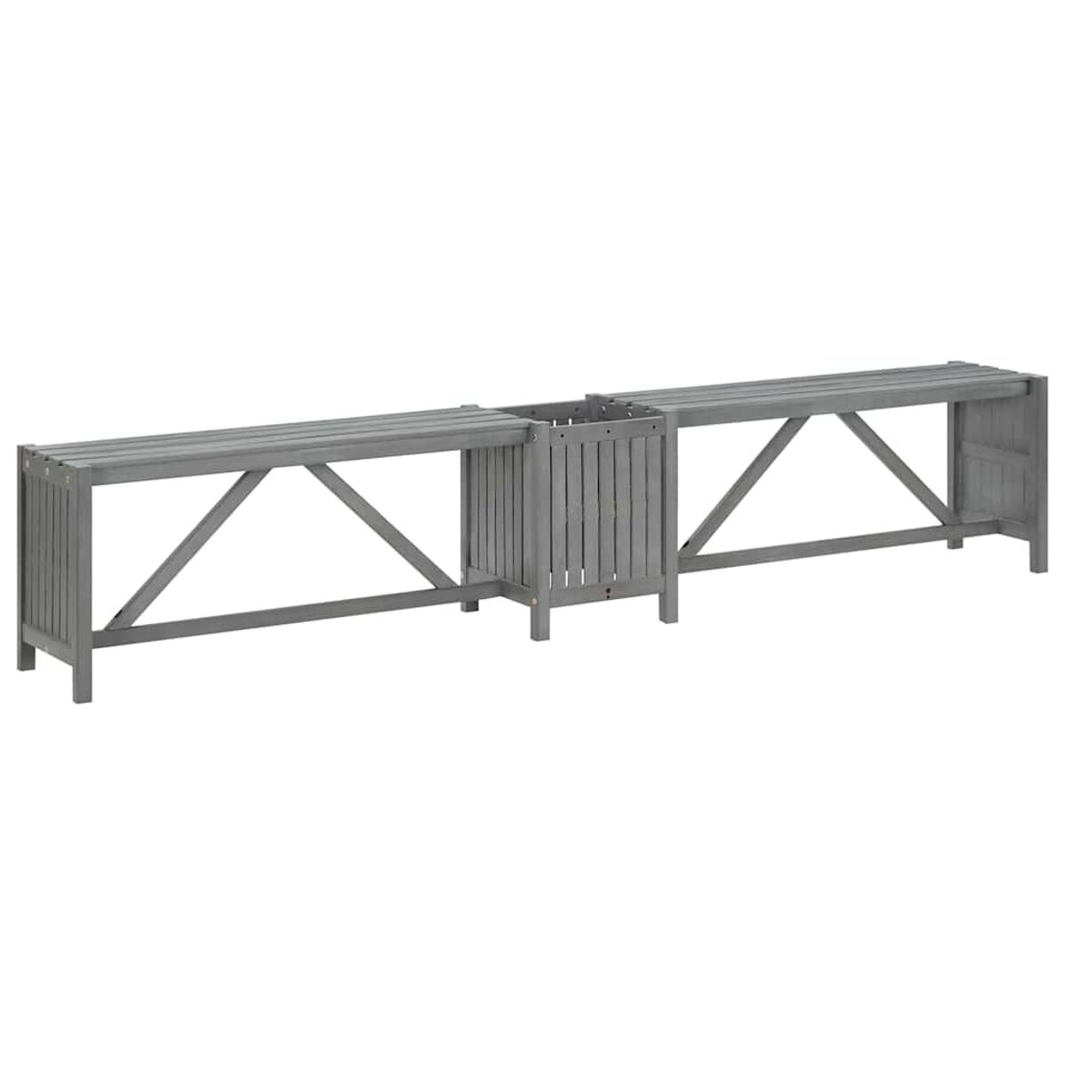 Graues Holzmöbel-Set für den Außenbereich. Enthält Bänke, einen Pflanzkasten und Träger.