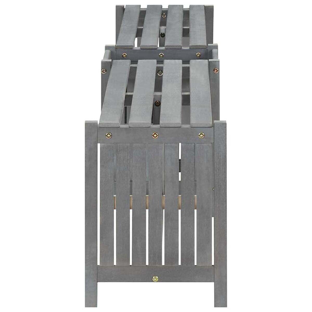 Graue Holzbank. Draufsicht. Lamellen oben und hinten. Weißer Hintergrund.