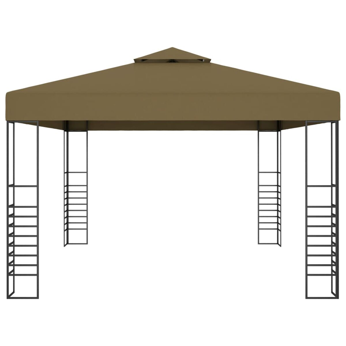Ein brauner Outdoor-Pavillon mit schwarzem Rahmen.