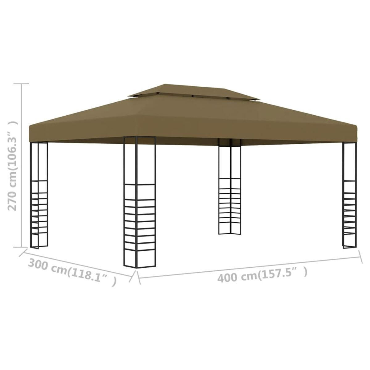 Brauner Pavillon mit braunem Dach und schwarzem Rahmen, Abmessungen angegeben.