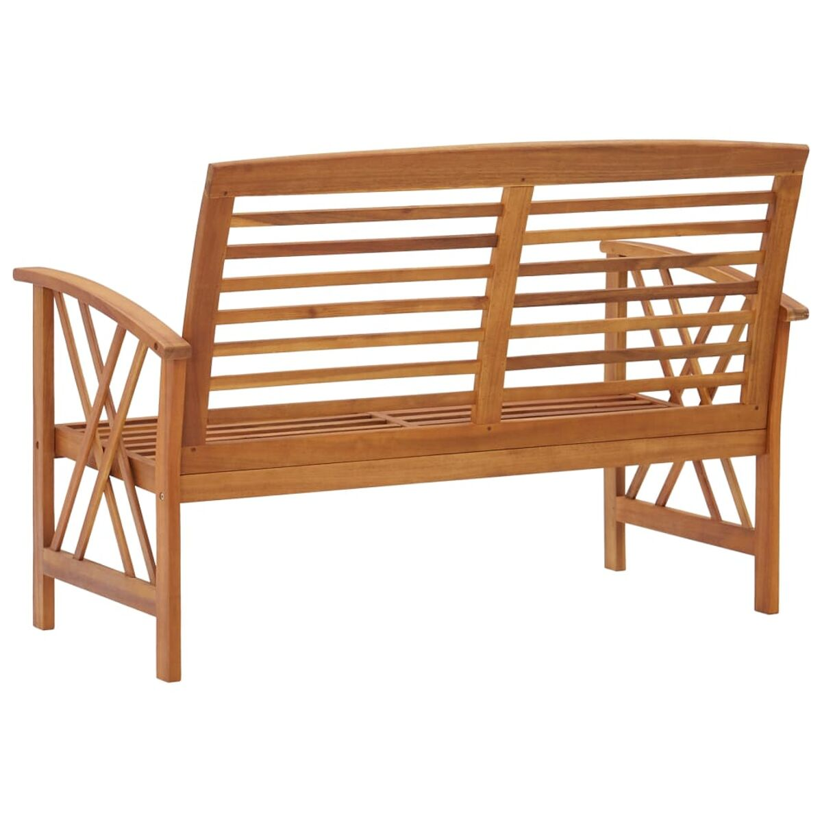 Gartenbank aus Holz von hinten betrachtet, mit Lattenrost-Design.