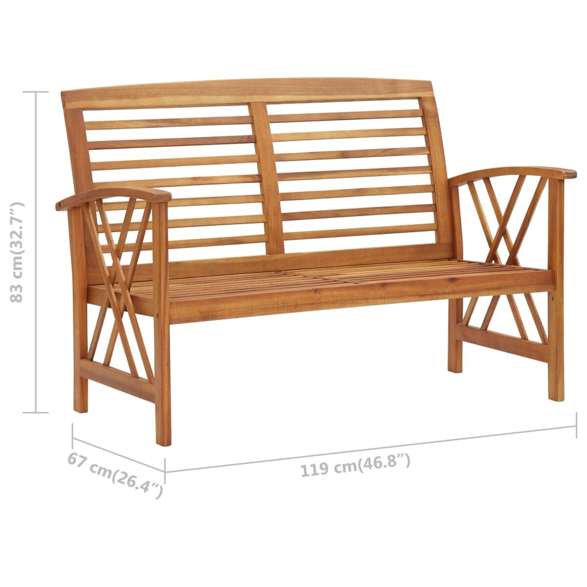 Holz-Außenbank mit angegebenen Maßen. Sie hat Armlehnen und eine Lattenlehne und -Sitzfläche.