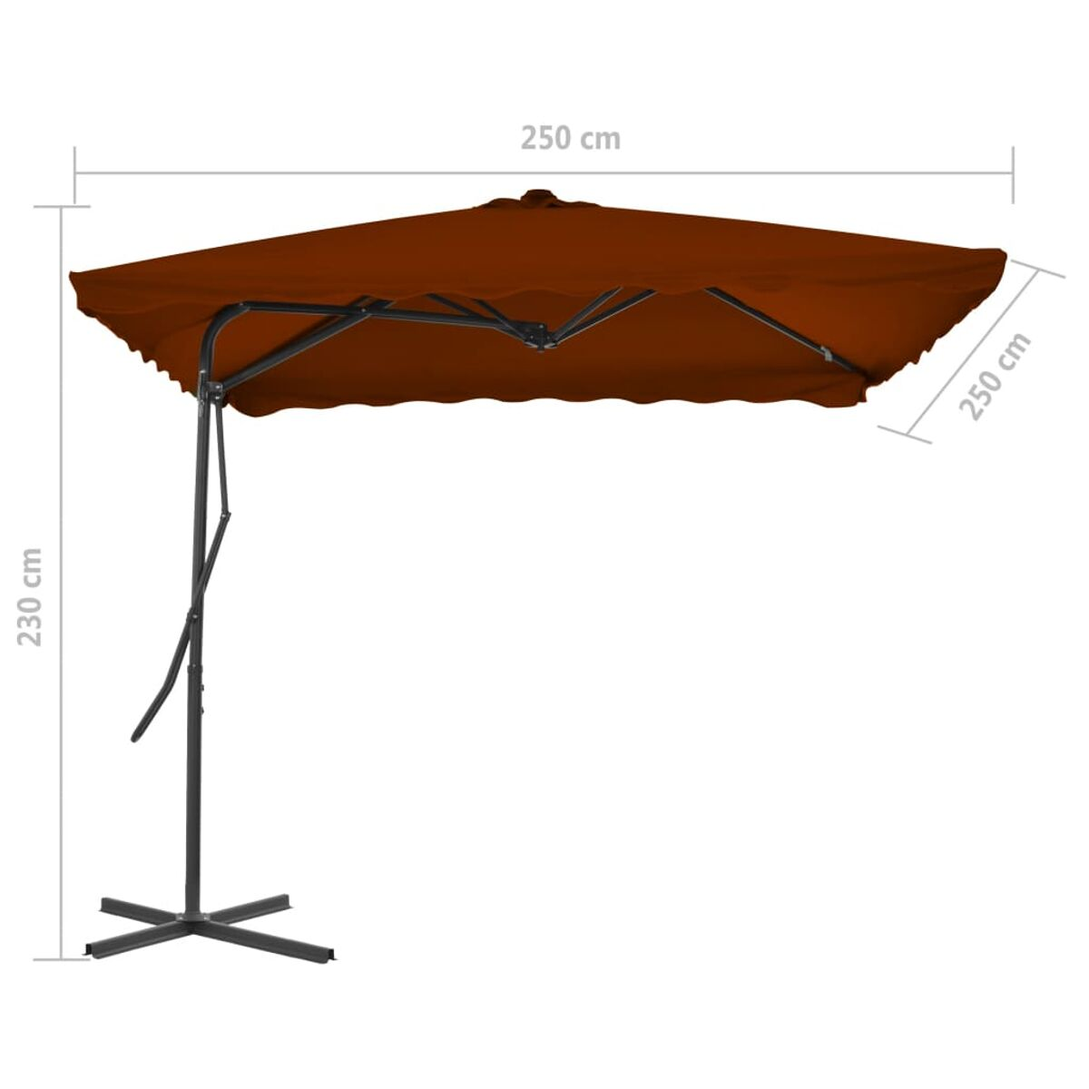 Brauner Terrassenschirm mit schwarzem Ständer, mit Maßen.