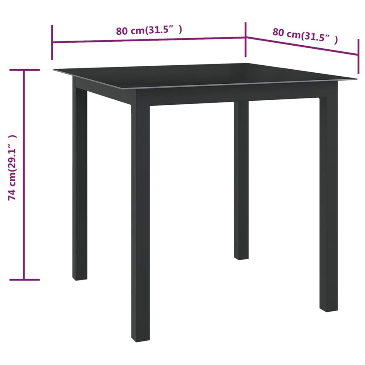 Ein schwarzer quadratischer Tisch mit Abmessungen. Der Tisch hat schwarze Beine und eine Tischplatte.