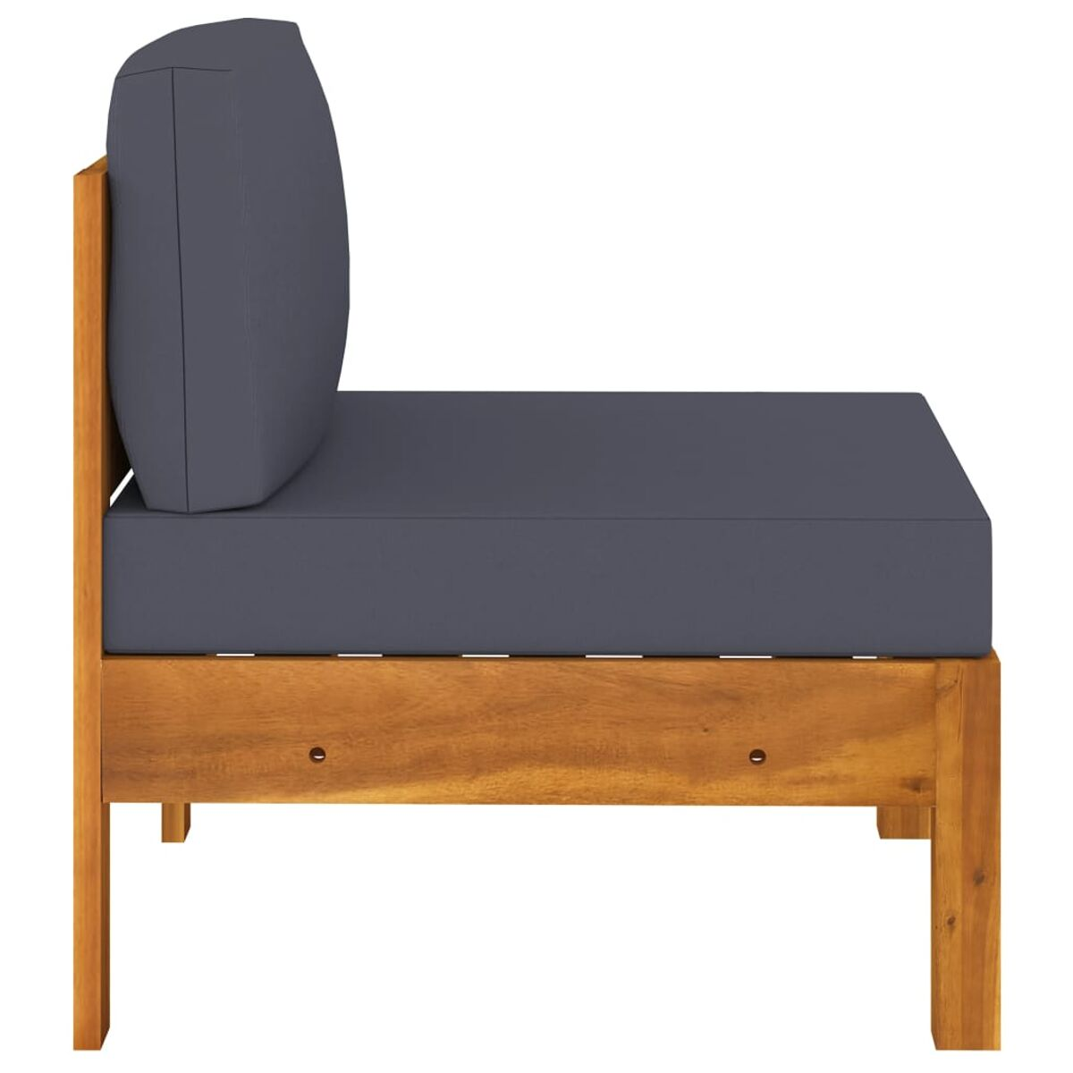 Holzsofa, graues Kissen, Seitenansicht.