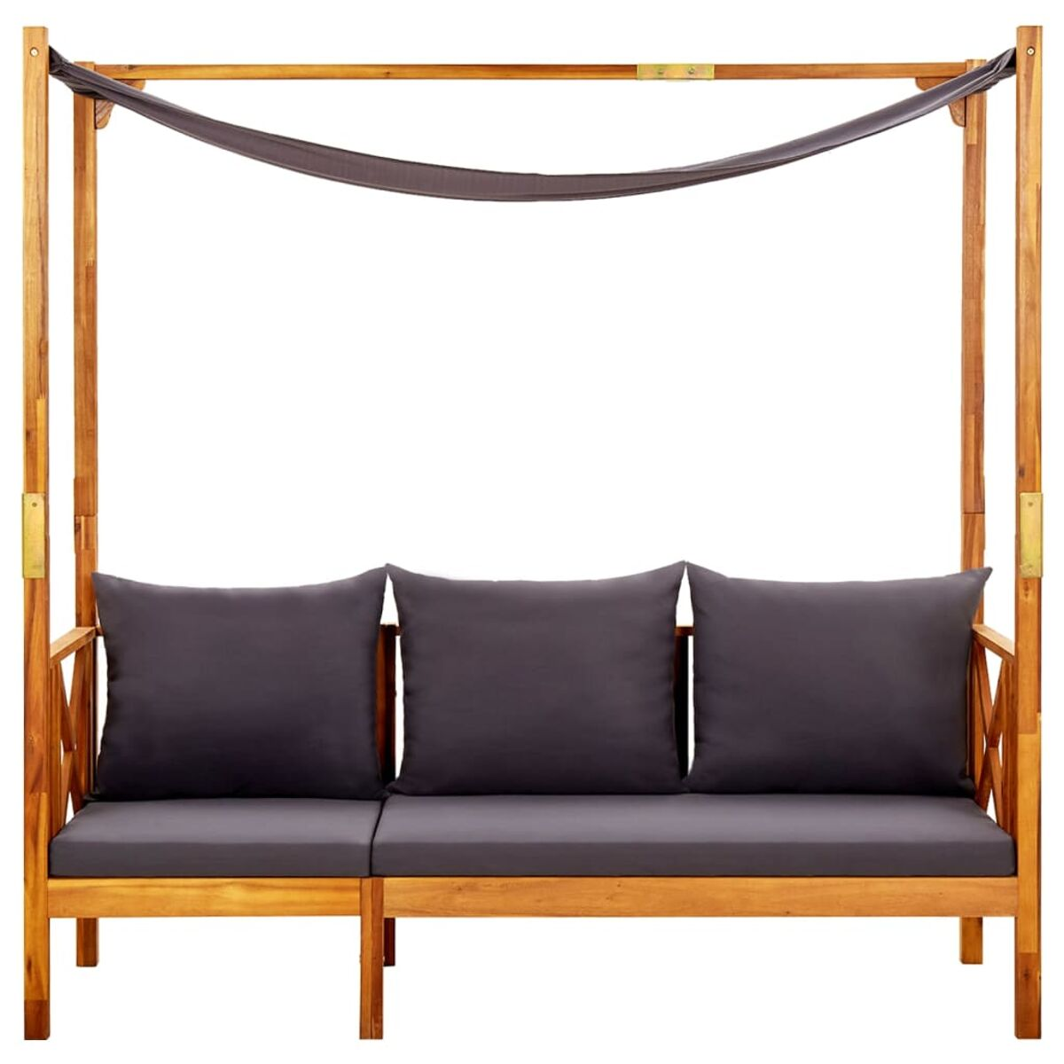 Holz-Outdoor-Sofa mit Baldachin und grauen Kissen.