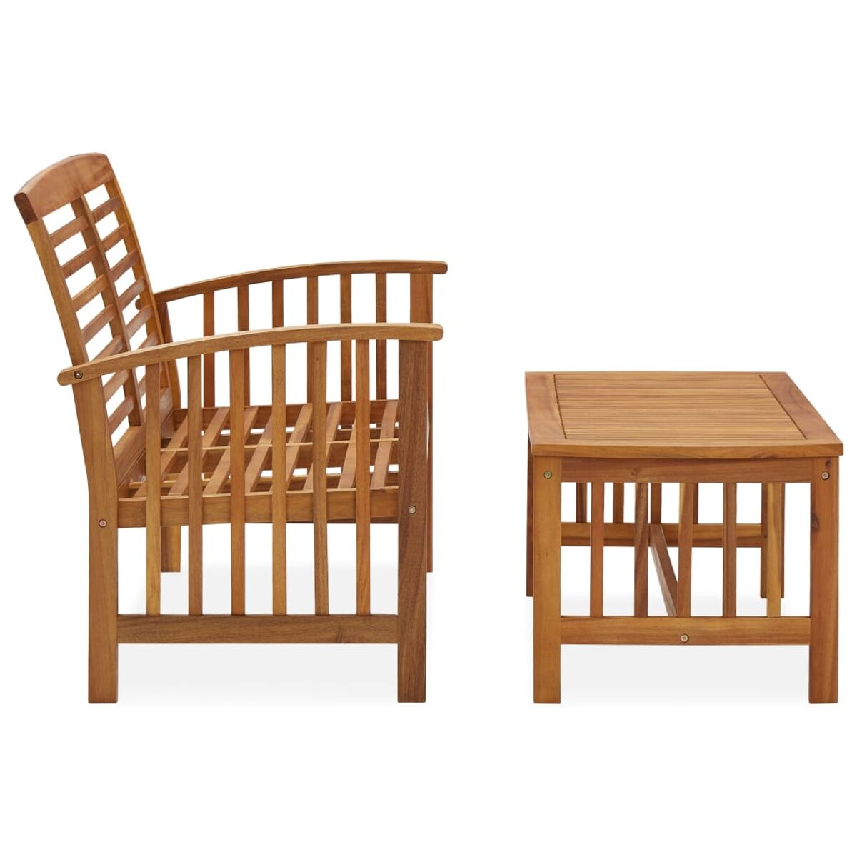 Holzbank und Tisch-Set. Die Bank hat Latten. Der Tisch ist quadratisch. Beide sind hellbraun.