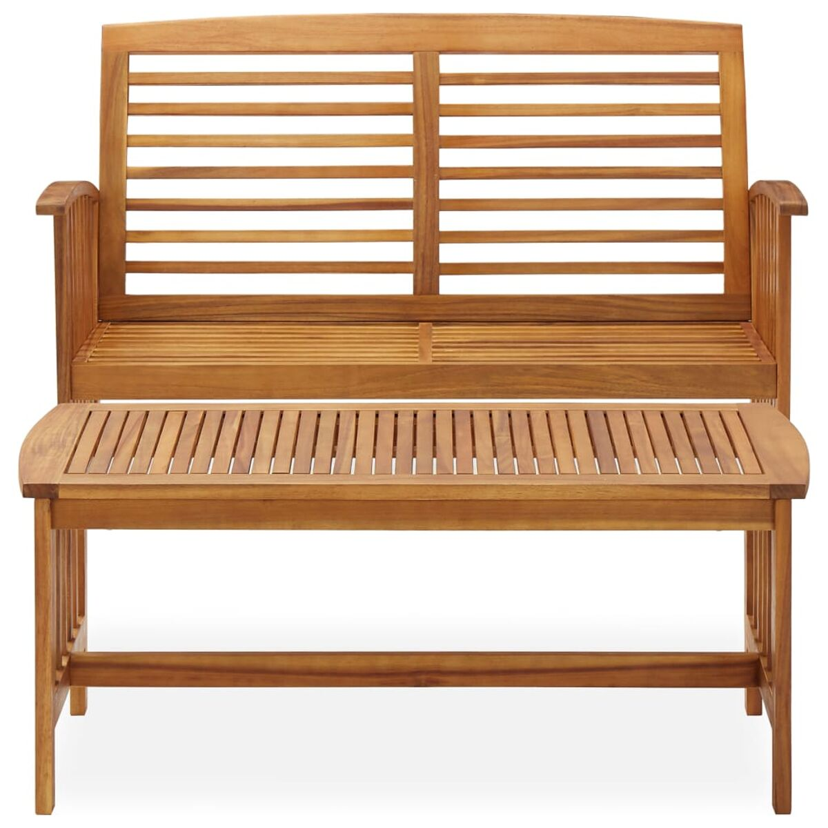 Eine Holzbank und eine passende Bank, beide mit Lattenoberflächen.
