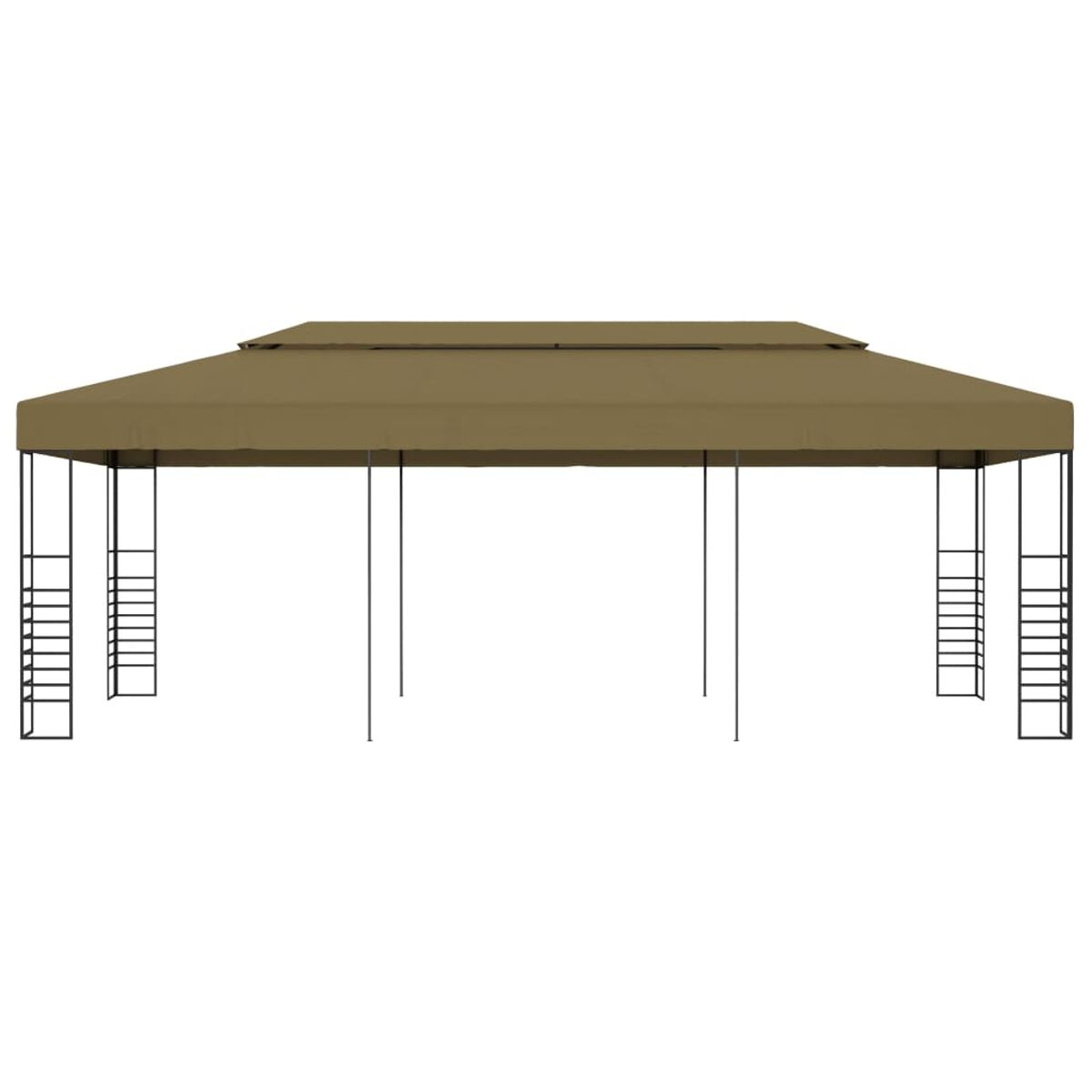 Brauner Outdoor-Pavillon mit zweistufigem Dach und schwarzen Stützpfosten.