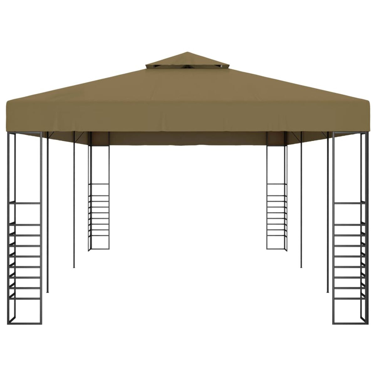 Outdoor-Pavillon mit braunem Baldachin und schwarzem Metallrahmen.