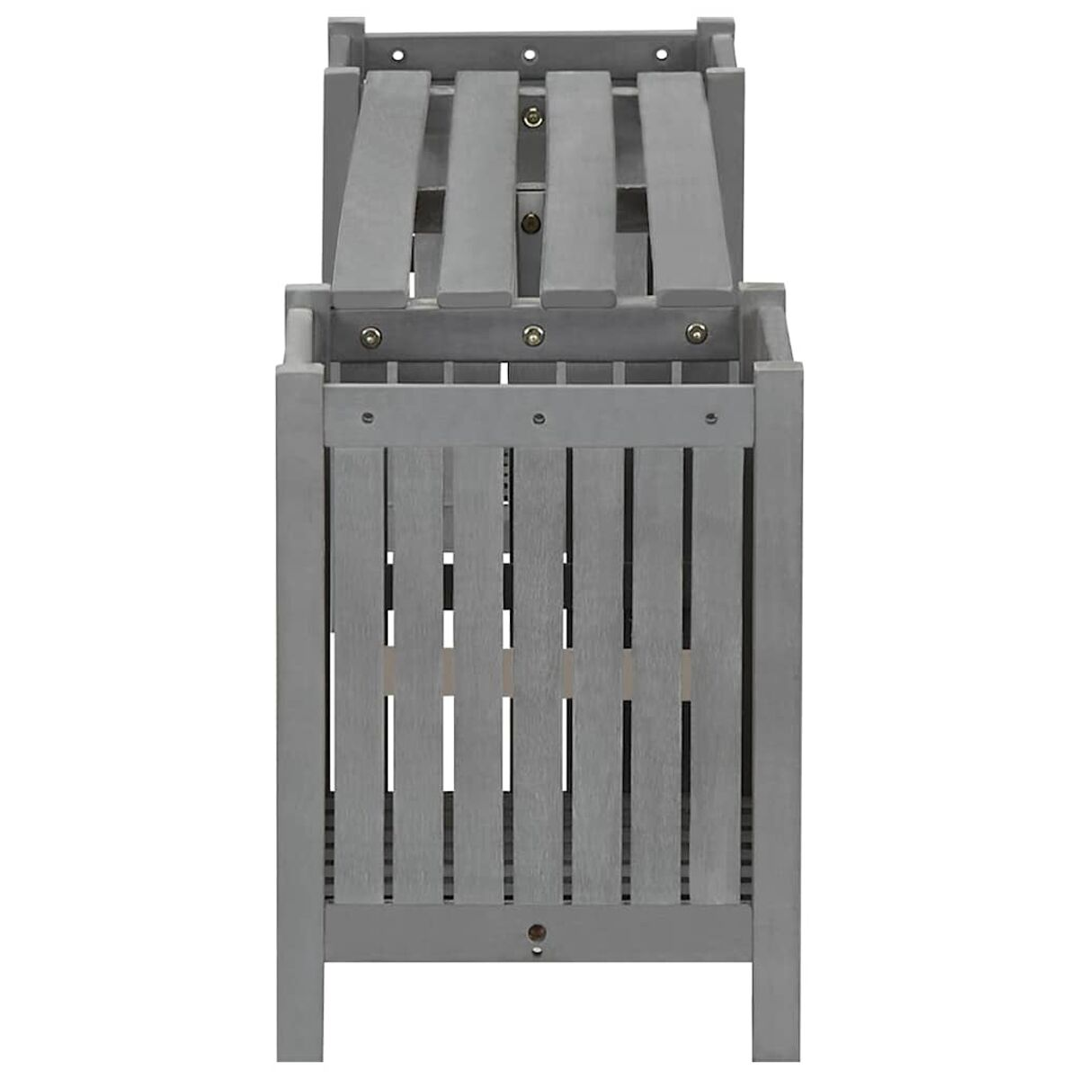 Graue Holzbank. Latten-Sitzfläche und Rückenlehne. Einfaches und funktionelles Design.