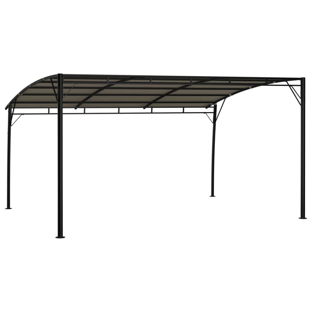 Pavillon mit grauem Dach und schwarzen Stützen. Es ist rechteckig.