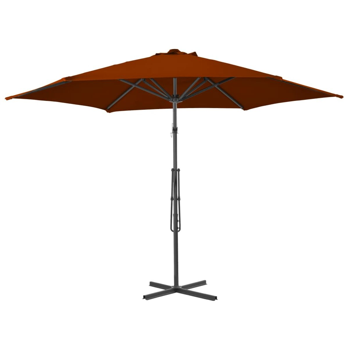 Ein orangefarbener Regenschirm mit schwarzem Mast und Fuß wird auf weißem Hintergrund gezeigt.