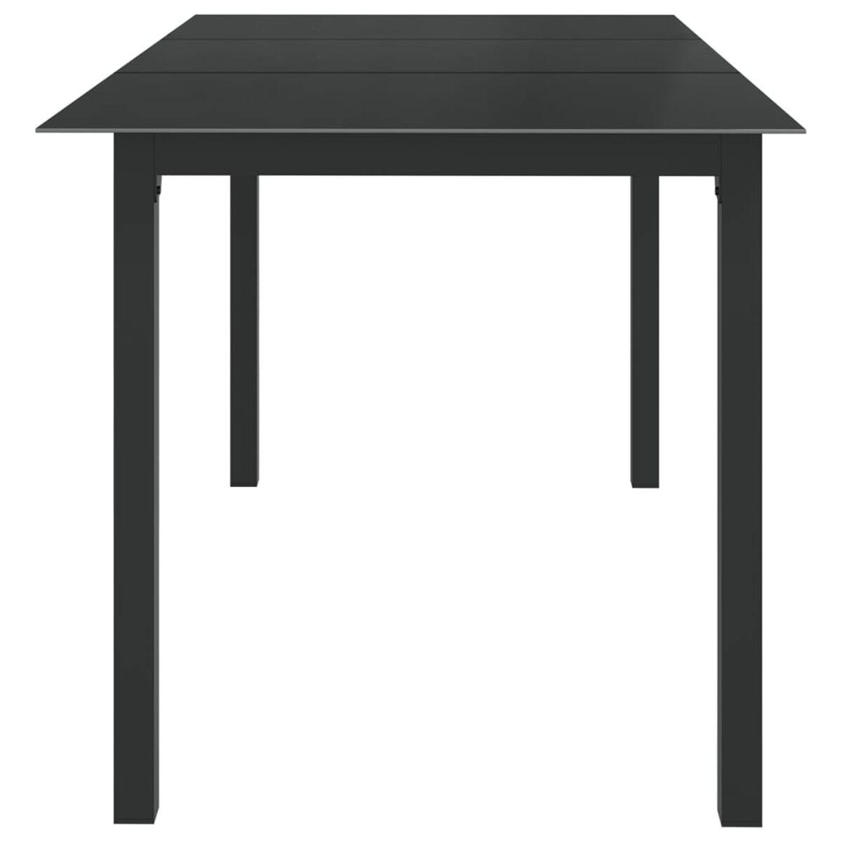 Schwarzer Tisch, Draufsicht. Vier Beine, schwarz. Weißer Hintergrund.