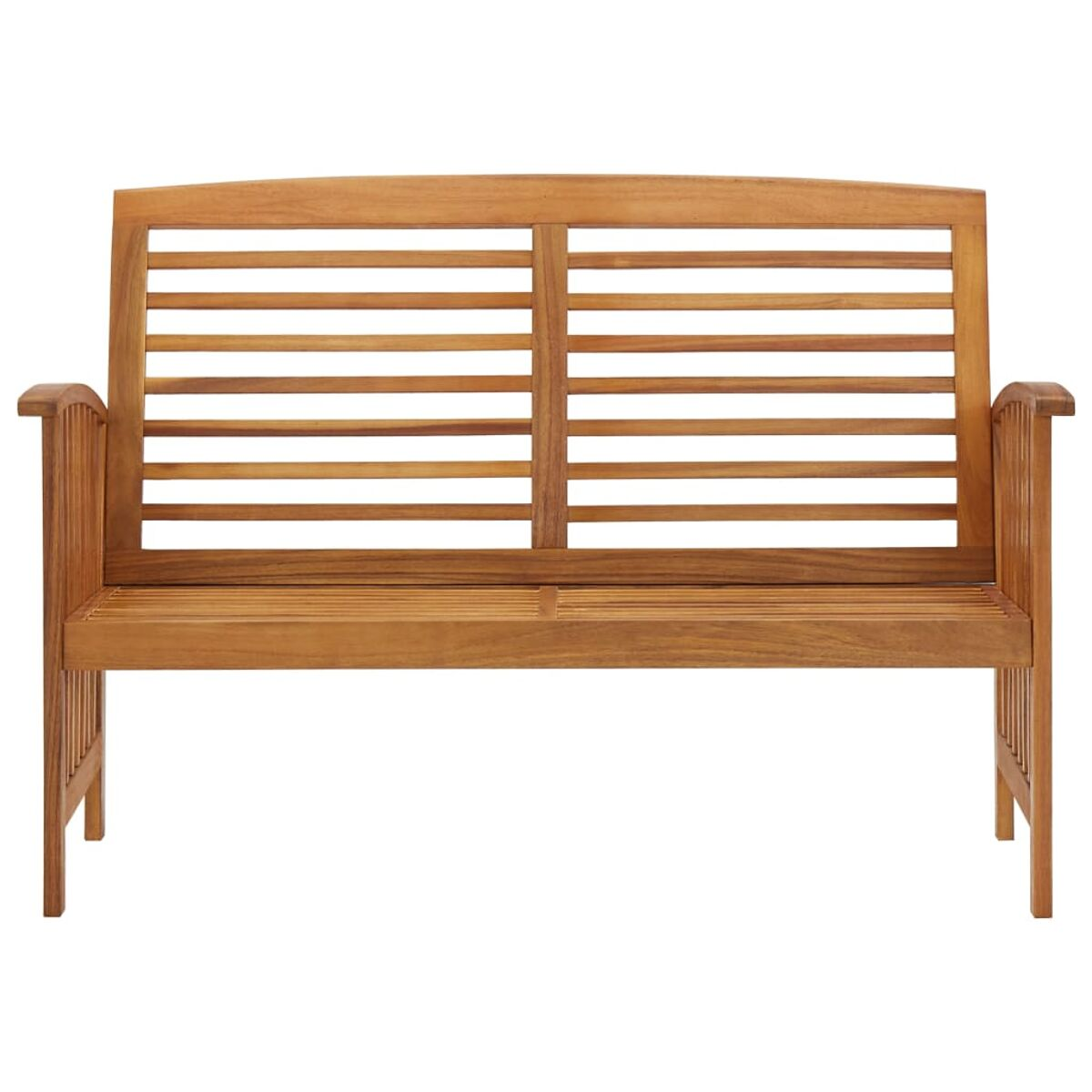 Holzbank mit horizontalen Lamellen. Sie hat Armlehnen und eine Lamellenlehne.