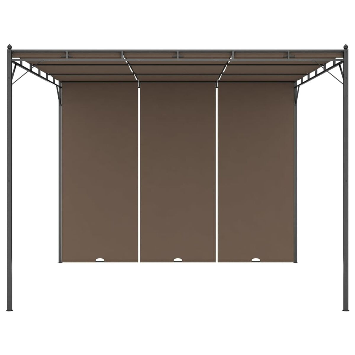 Braune Pergola mit drei braunen Paneelen, die herunterhängen.