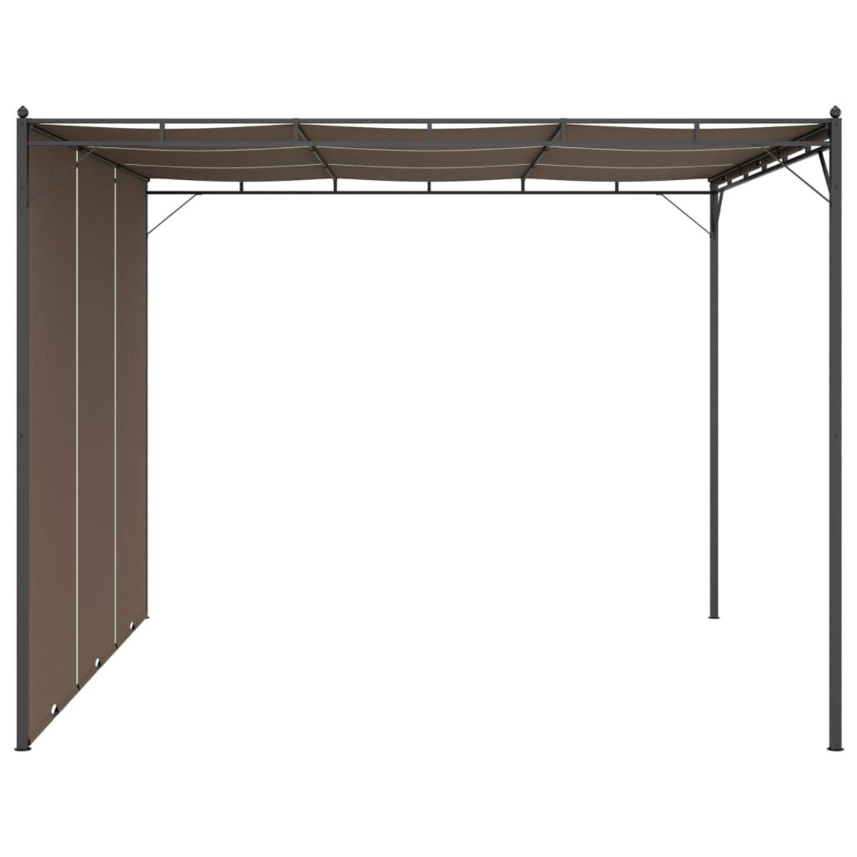 Braune Pergola mit vertikalen Seitenwänden. Metallrahmen und Stoffdach.
