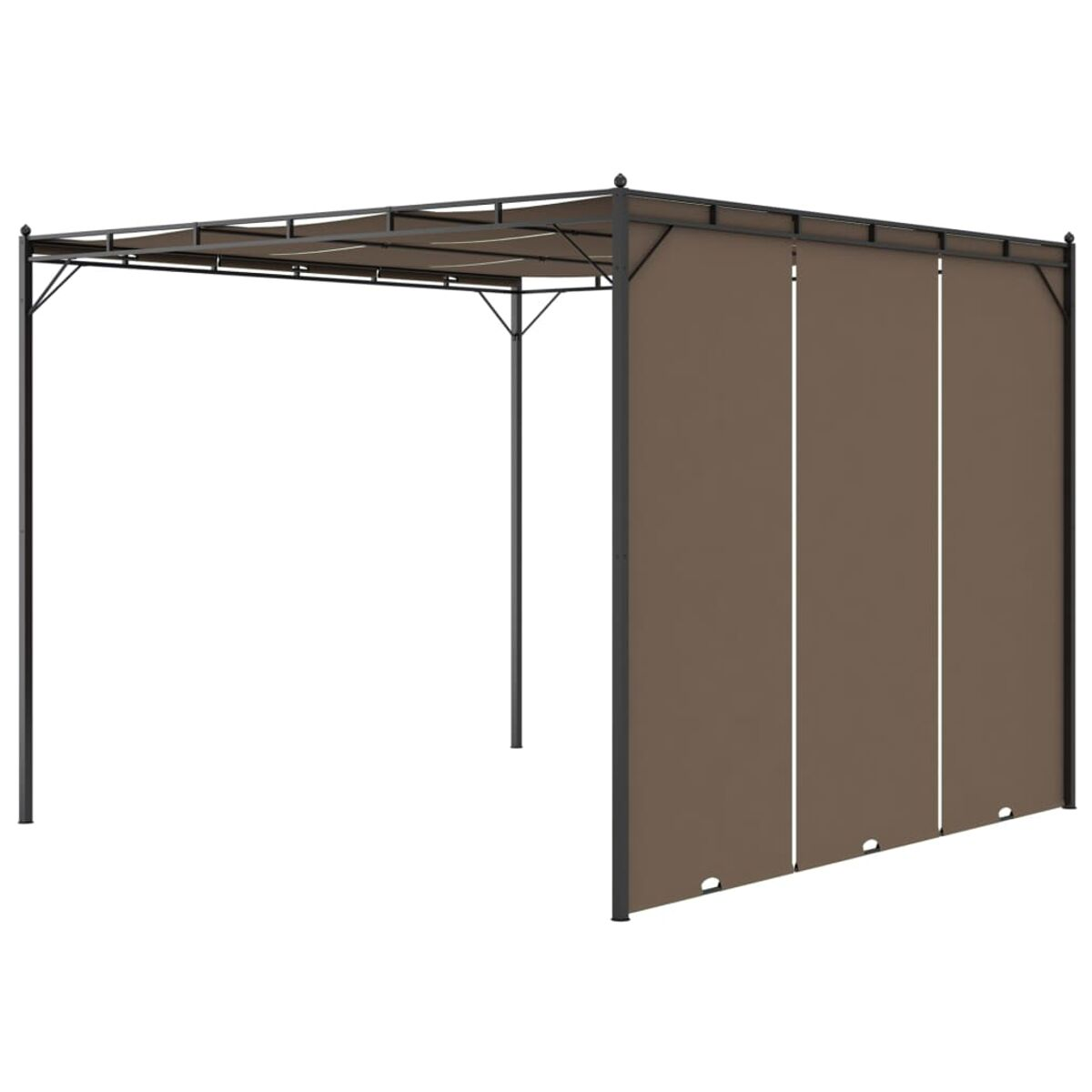 Braune Stoffpaneele auf einem dunklen Metallrahmen-Pavillon. Weißer Hintergrund.
