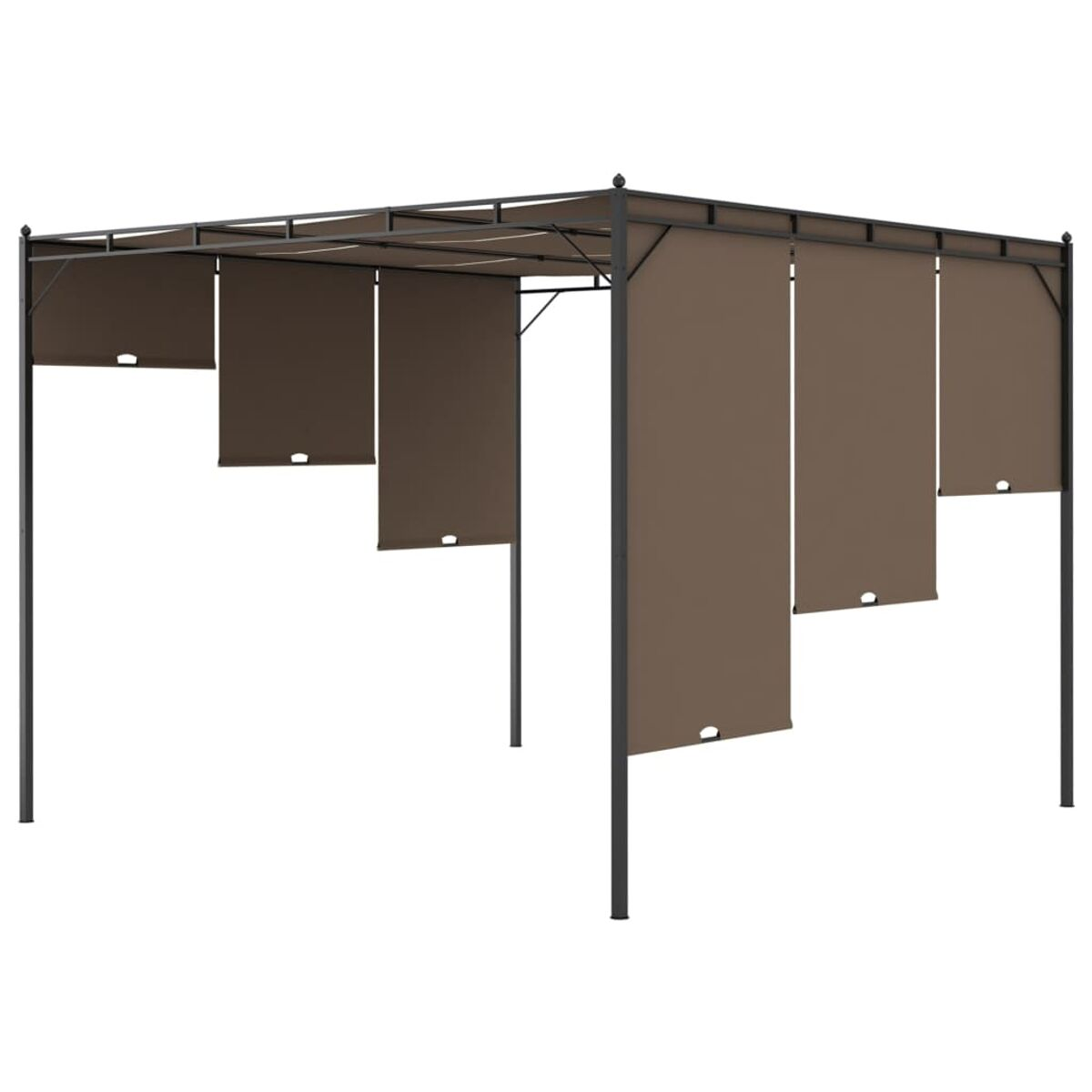 Pavillon mit braunen Stoffvorhängen und schwarzem Rahmen.