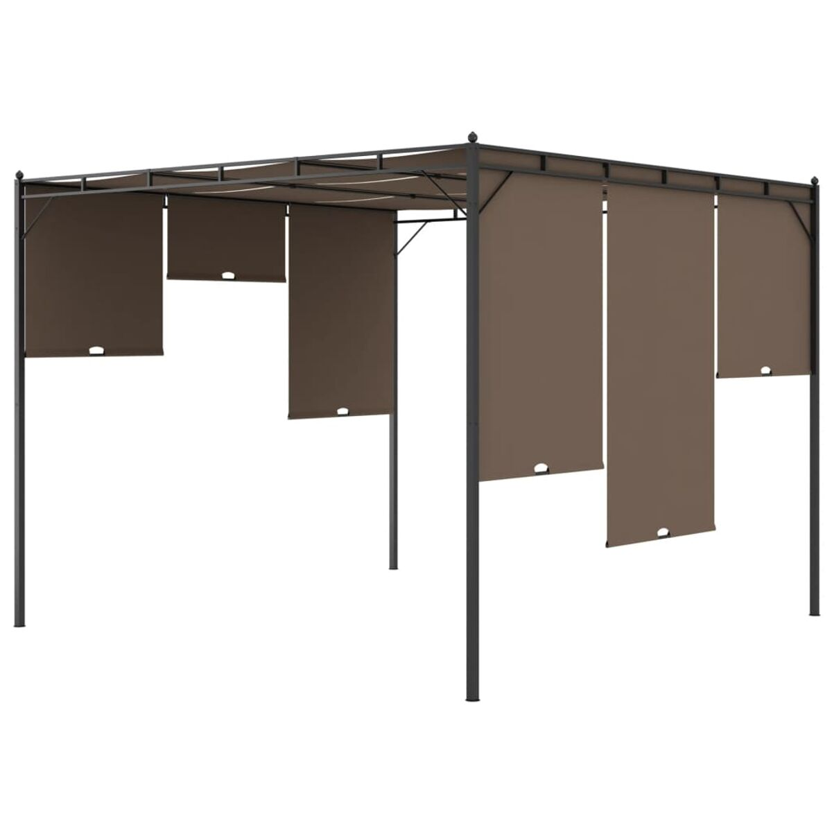 Outdoor-Pergola mit braunen Vorhängen, isoliert auf weißem Hintergrund.