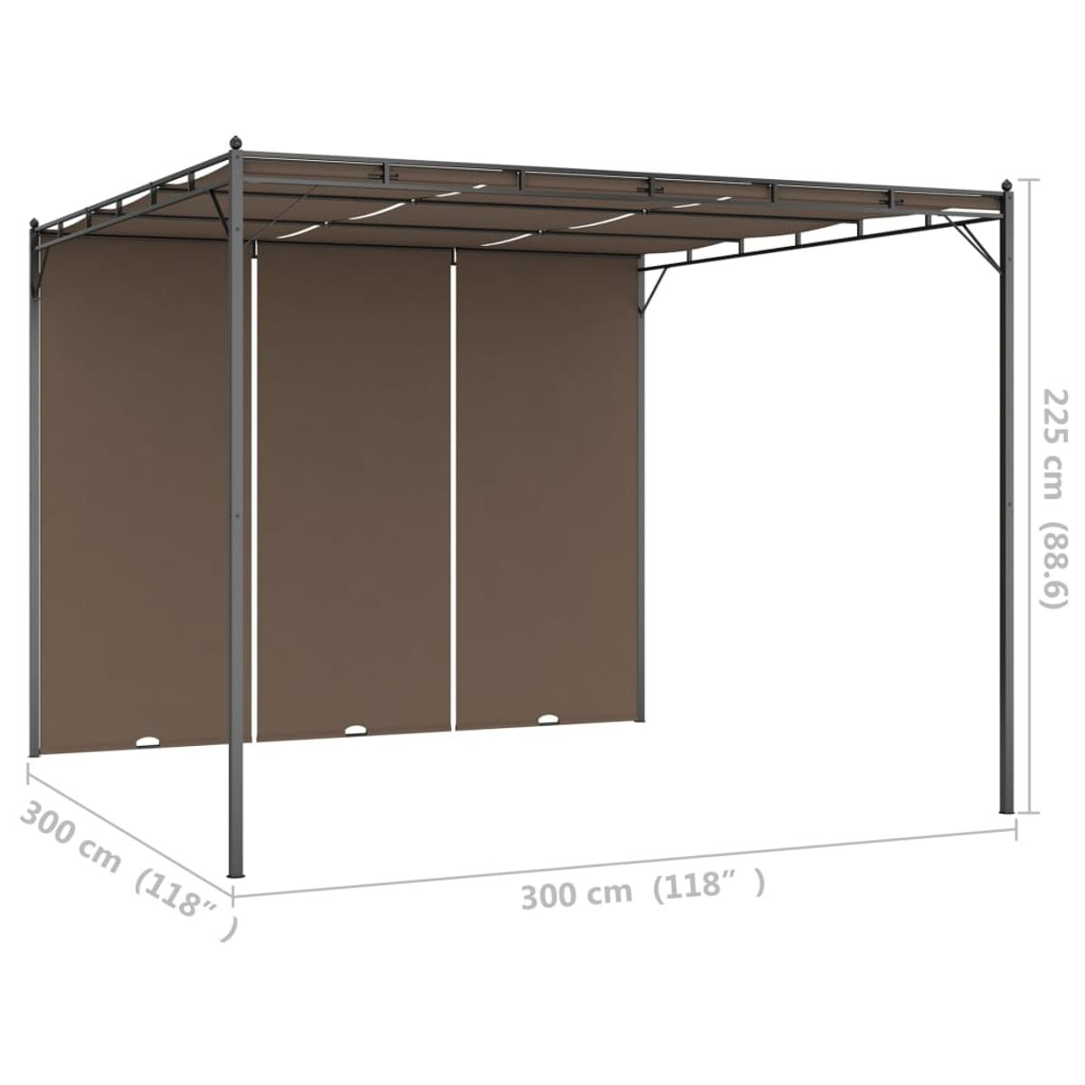 Pergola im Freien mit braunen Stoffvorhängen und Dach. Wird von Metallpfosten getragen.