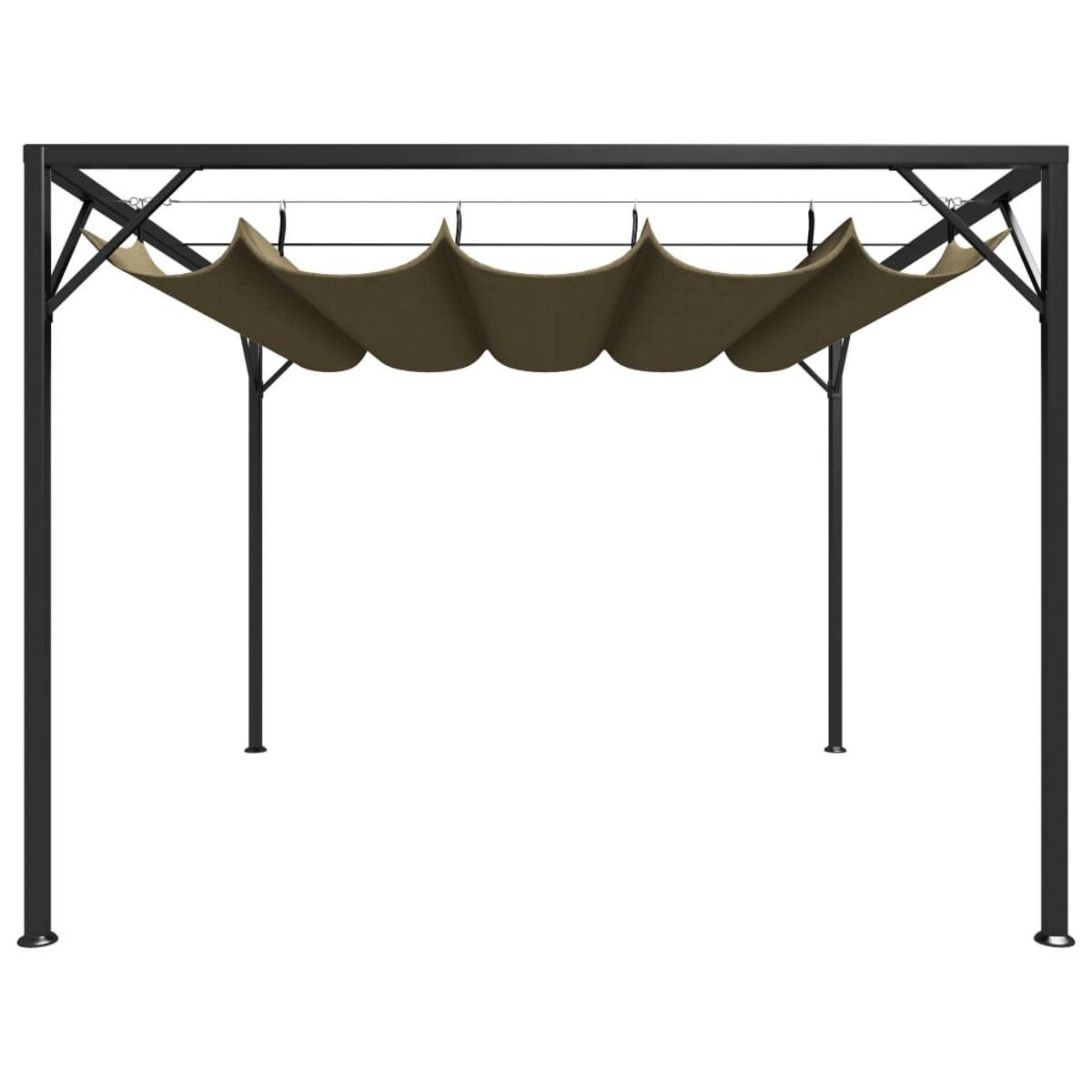 Schwarzes Pergola-Gestell mit braunem, wellenförmigem Baldachin.