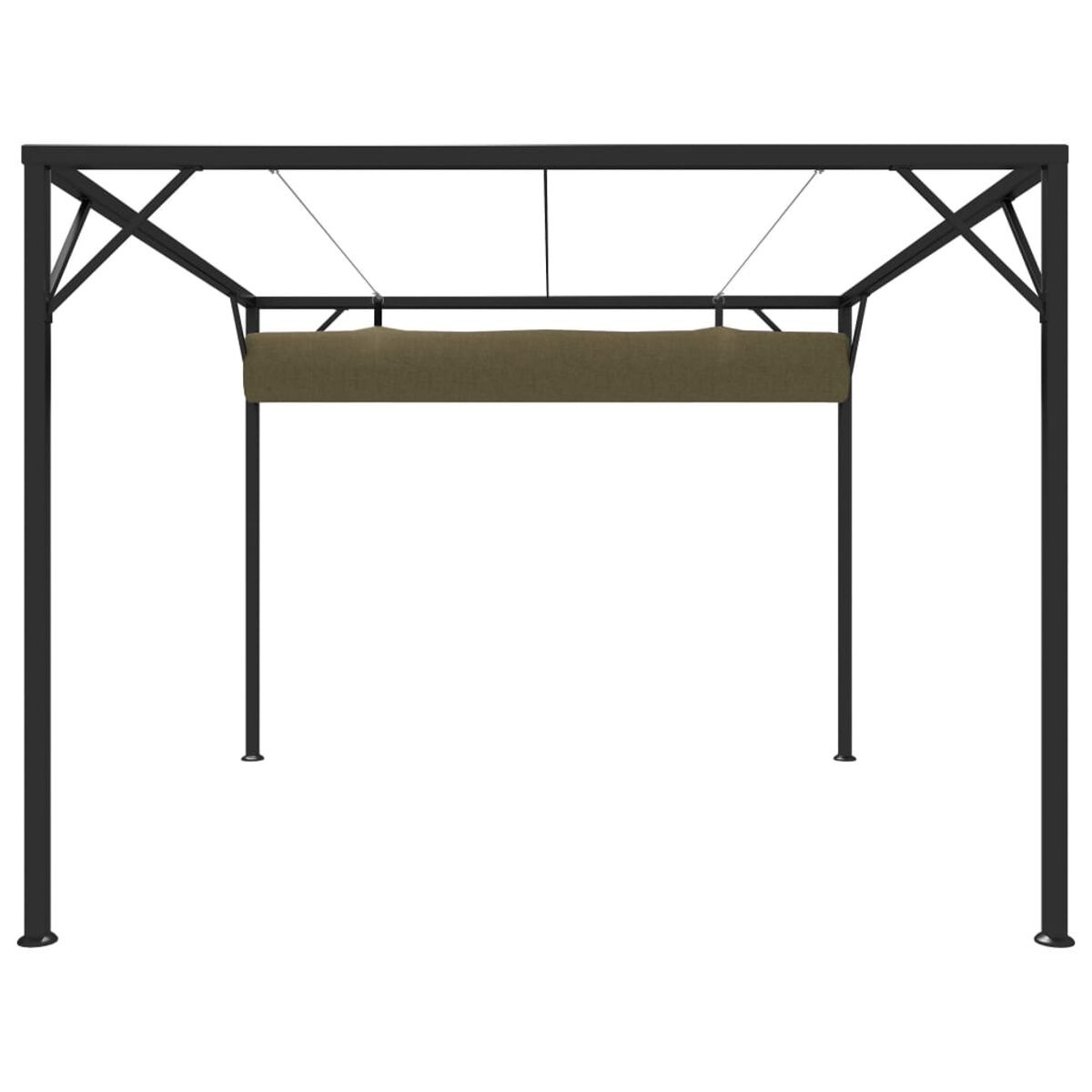Schwarzer Pavillon mit braunem Dach. Es hat ein rechteckiges Design.