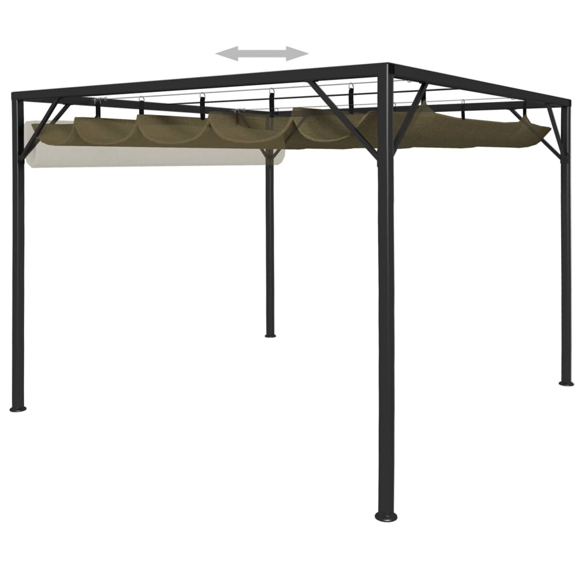 Schwarze Metallpergola mit grünem Baldachin. Quadratischer Rahmen mit verstellbarem Dach.