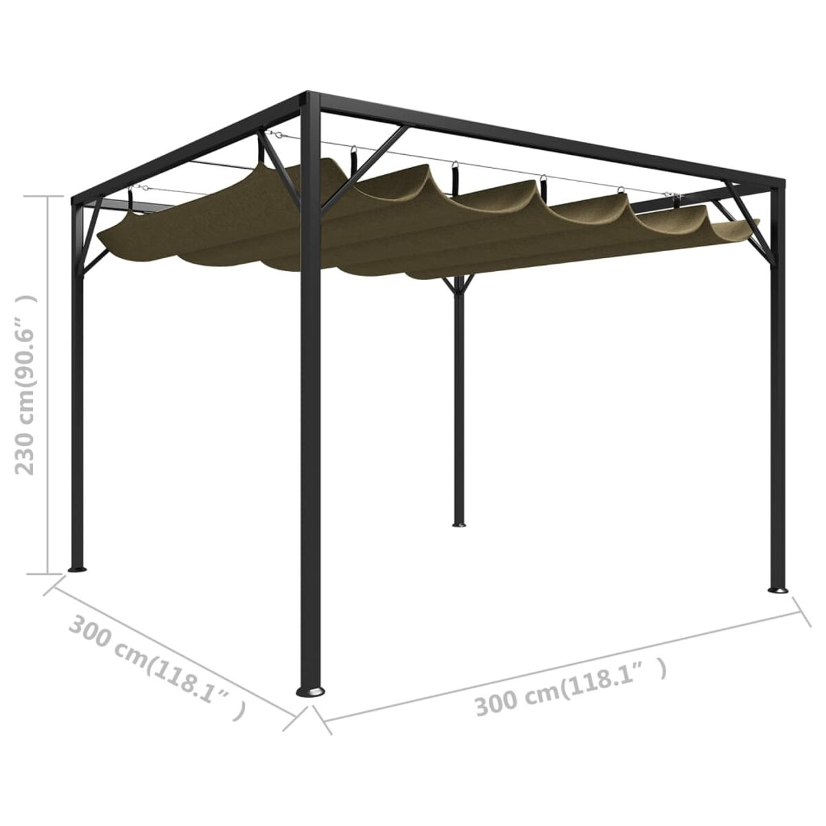 Schwarze Metallpergola mit braunem Baldachin. Maße sind in cm angegeben.