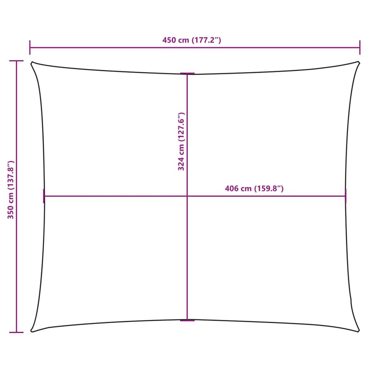 Un grande parasole rettangolare con dimensioni etichettate in cm. Il colore è bianco.